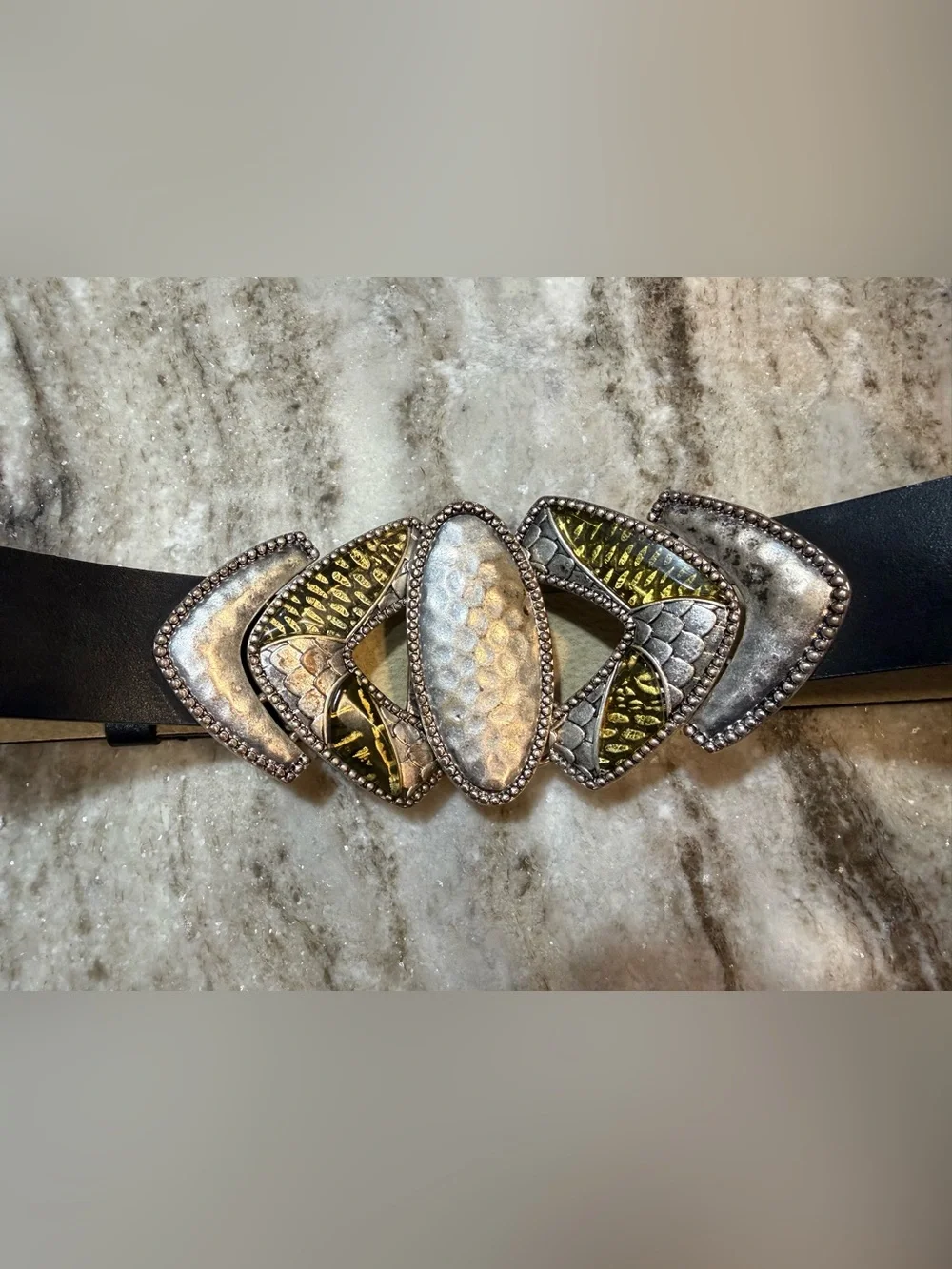 Chico’s Genuine Leather Statement Belt Black Silver Gold Boho Western SM/MED